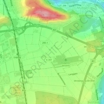 Birrfeld地形图、海拔、地势