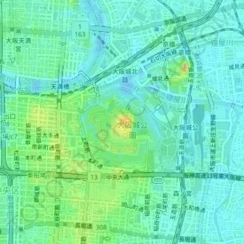 大阪城天守閣地形图、海拔、地势