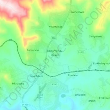 Ulundi地形图、海拔、地势