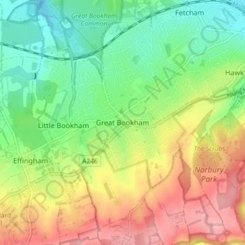 Great Bookham地形图、海拔、地势