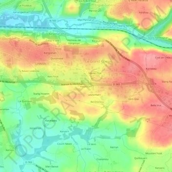 Kerjaouen地形图、海拔、地势
