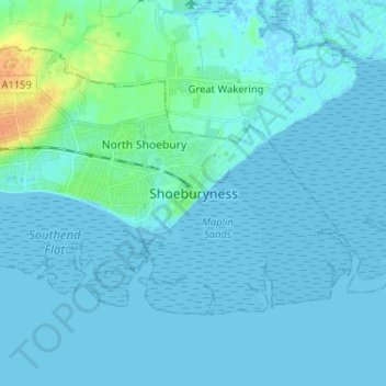 Shoeburyness地形图、海拔、地势