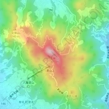 五剣山地形图、海拔、地势
