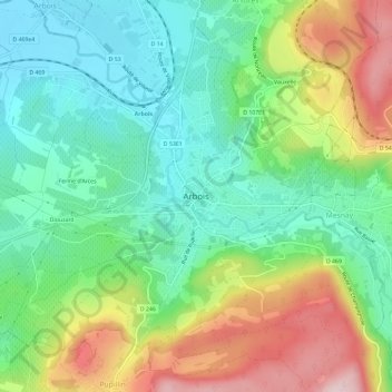 Arbois地形图、海拔、地势