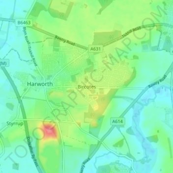 Bircotes地形图、海拔、地势