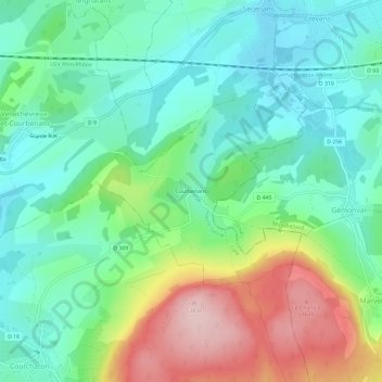 Courbenans地形图、海拔、地势