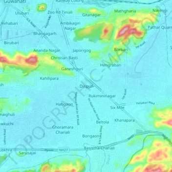 Dispur地形图、海拔、地势