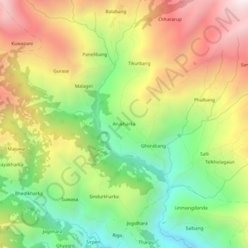 Arukharka地形图、海拔、地势