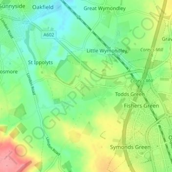 Redcoats Green地形图、海拔、地势