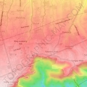 Tolentino West地形图、海拔、地势