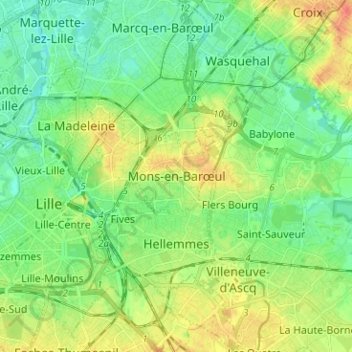 Mons-en-Barœul地形图、海拔、地势
