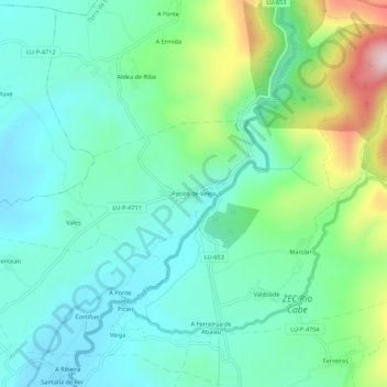 Pacios de Veiga地形图、海拔、地势
