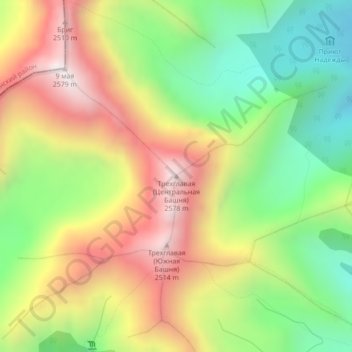 Трехглавая (Центральная Башня)地形图、海拔、地势