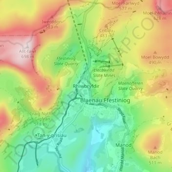 Rhiwbryfdir地形图、海拔、地势