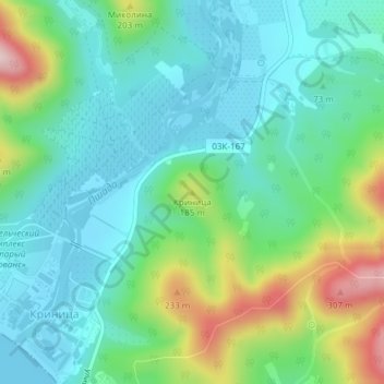 Криница地形图、海拔、地势