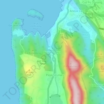 Krueng Raya地形图、海拔、地势