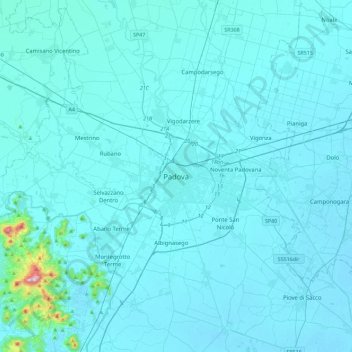 Padoue地形图、海拔、地势