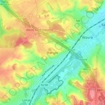 Bierges地形图、海拔、地势
