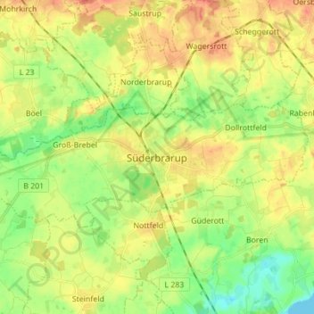 Süderbrarup地形图、海拔、地势
