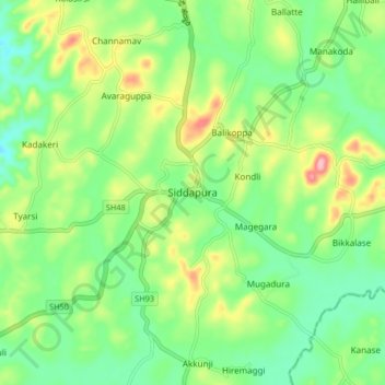 Siddapura地形图、海拔、地势