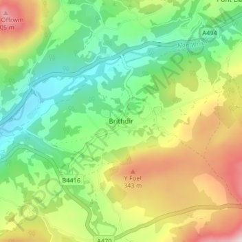 Brithdir地形图、海拔、地势