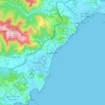 Platja d'Aro地形图、海拔、地势