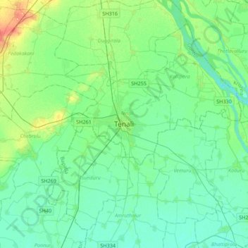 Tenali地形图、海拔、地势