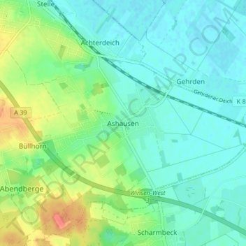 Ashausen地形图、海拔、地势