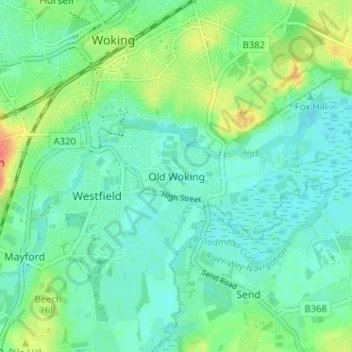 Old Woking地形图、海拔、地势
