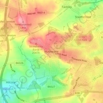 Huthwaite地形图、海拔、地势