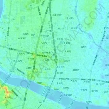 錦町地形图、海拔、地势
