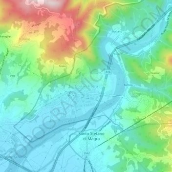 Albiano Magra地形图、海拔、地势