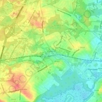 Whippany地形图、海拔、地势