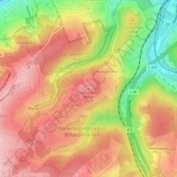 Scharpenacker Berge地形图、海拔、地势