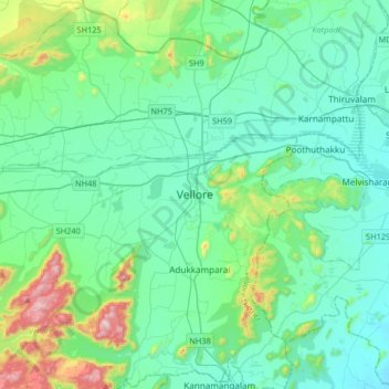 Vellore地形图、海拔、地势