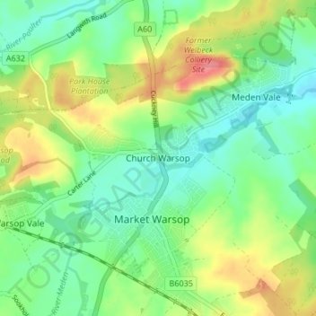 Church Warsop地形图、海拔、地势