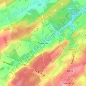 Ossogne地形图、海拔、地势