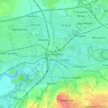 沃灵顿地形图、海拔、地势