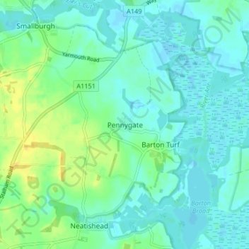 Pennygate地形图、海拔、地势
