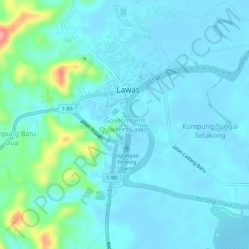 Government Quarters Lawas地形图、海拔、地势