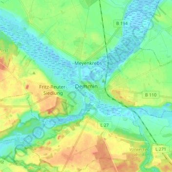 Demmin地形图、海拔、地势