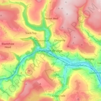 Hebden Bridge地形图、海拔、地势