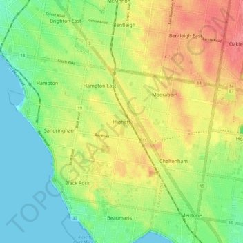 Highett地形图、海拔、地势