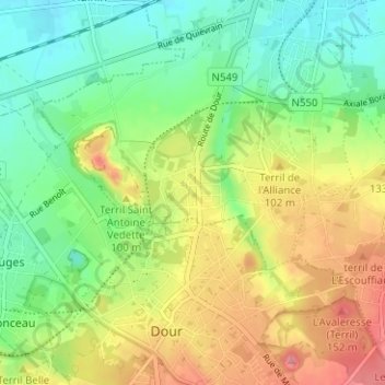 Boussu-Bois地形图、海拔、地势