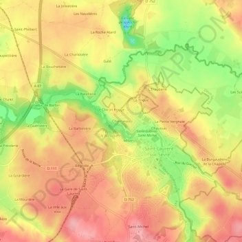 Charrueau地形图、海拔、地势