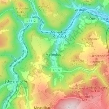 Mellenbach地形图、海拔、地势