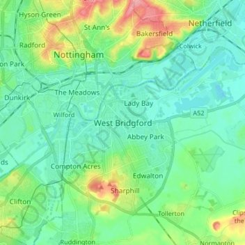 West Bridgford地形图、海拔、地势