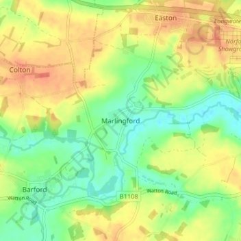 Marlingford地形图、海拔、地势