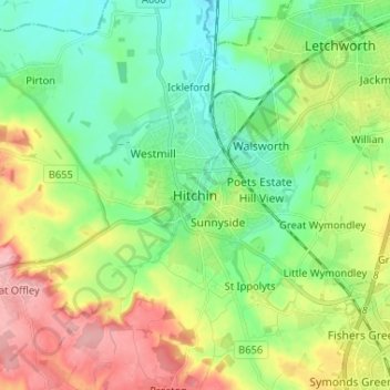 Hitchin地形图、海拔、地势