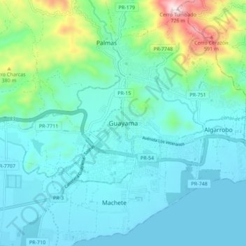 Guayama地形图、海拔、地势